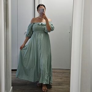 Off-Shoulder Sage Green Maxi Dress - Smocked Bodice